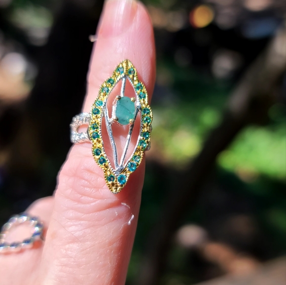 Emerald & Aquamarine Sterling & gold ring sz5 - Picture 7 of 7